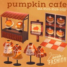 an advertisement for a pumpkin cafe with lamps and cakes