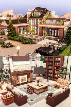 two different views of a large house with lots of furniture