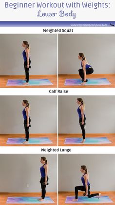 a woman doing yoga poses on a mat with the words beginner workout with weights lower body