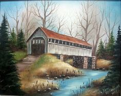 a painting of a covered bridge in the woods with water and trees around it,