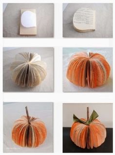 several pictures of pumpkins made out of book pages