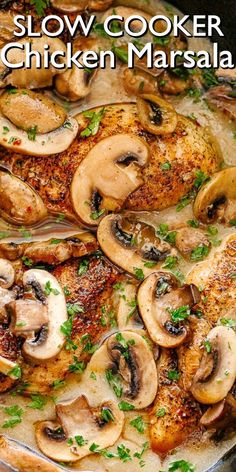 chicken with mushrooms and parsley in a skillet