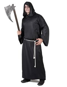 Costume Falciatore lugubre uomo Halloween: Questo travestimento da Falciatore delle tenebre comprende una lunga tunica nera con il cappuccio e una cintura (falce, guanti e scarpe non inclusi).Il materiale leggerissimo rende questa tenuta... Grim Reaper Halloween Costume, Grim Reaper Costume, Reaper Costume, Grim Reaper Halloween, The Grim Reaper, Adornos Halloween, Black Tunic, The Grim, Fancy Dress Costumes