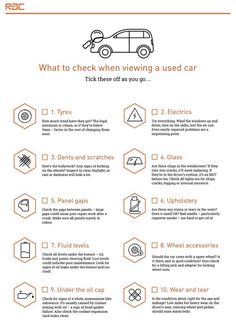 an orange and white poster with instructions on how to check when viewing a used car