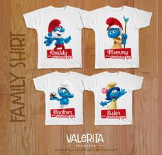 three t - shirts with the characters of the smurfs on them, all printed in red and white