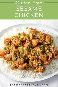 chicken with sesame seeds and green onions on top of rice in a white plate, with text overlay