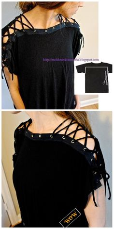 the back of a woman's black top with laces and buttons on it