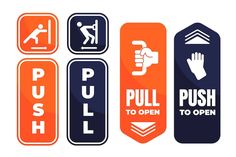 four different signs that say push to open and pull