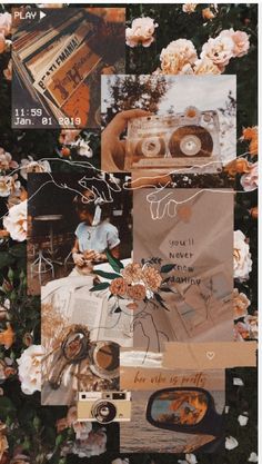 collage with flowers and music equipment in the middle, including an old record player