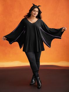 Bat Wing Shaped Sleeves T-shirt Casual V-neck Halloween Tops, Short Long Dresses, Womens Trendy Tops, Bat Wing, Plus Sized, Winter Colors, Sleeve Detail, Trendy Tops, Bat Wings