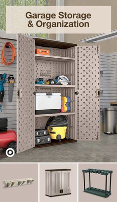 the garage storage and organization is shown in three different stages, including shelves with tools