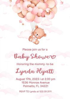 a baby shower with balloons and a teddy bear flying in the sky on it's back