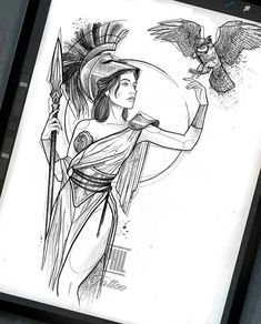 a drawing of a woman with an eagle on her arm and holding a spear in one hand