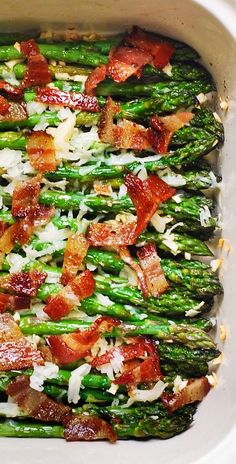 Cheesy Baked Asparagus with Bacon, Garlic, and Gruyere cheese in a white casserole dish Baked Asparagus With Bacon, Roasted Asparagus With Bacon, Cheesy Baked Asparagus, Asparagus With Bacon, Asparagus Side Dish, Easy Asparagus Recipes, Asparagus Recipes Baked, Oven Roasted Asparagus, Asparagus Bacon