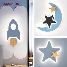 the wall is decorated with stars and a rocket ship