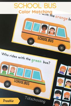 two children's school bus matching cards with the words color matching in orange and green