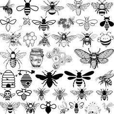 bees and honeycombs in black and white, with the words honey written on them