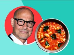 a man with glasses is next to a bowl of pasta and spinach in tomato sauce