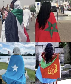 four different pictures of people in capes on the street and one has a flag