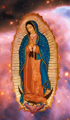 an image of the virgin mary with stars in the background