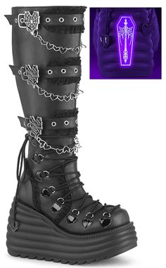 Be prepared to steal hearts with the MORTE-215s! Look like a total badass with these knee-highs decked-out in web heart buckles and heart chains. 4 1/2" (114mm) Wedge Platform Knee High Boot Featuring Ornamental D-Ring Lacing, Lace Trimmed Heart Spider Web Buckle Straps & Heart Chain Hanging Details Blacklight Reflective Back Coffin Inside Metal Zip Closure US women's sizing-refer to size chart for more info. (for men's sizing size up 2 sizes ie: Women's 9 is a men's 7)) Heart Spider Web, Heart Spider, Web Heart, High Deck, Stolen Heart, Knee Highs, Heart Chain, A Force, Black Vegan