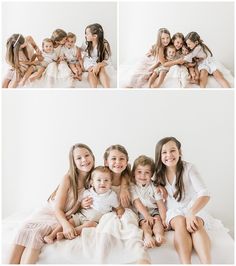 8 Siblings Photography, White Backdrop Studio Family Photoshoot, All White Photoshoot Family Portraits, Five Siblings Photography, Family Of 6 Studio Photoshoot, Family Portraits White Backdrop, Sibling Indoor Photoshoot, Sibling Photo Shoots Studio, White Studio Photoshoot Family