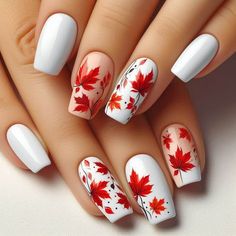 Fall Nail Designs Maple Leaf, Maple Leaves Nails, Nails Red Design Ideas, Fall Nails Leaf, Maple Leaf Nails, White Nails Fall, Fall Nails Red, Fall Leaf Nails