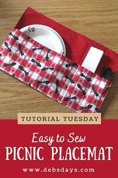 an easy sew picnic placemat with red and white checkered fabric