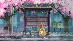 a dog is sitting on a bench in front of a bus stop with cherry blossom trees