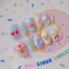 If you order a shorter nail length, some charms will need to be adjusted to make the design look pretty and fit on a smaller nail tip ʕ*́ᴥ*̀ʔっ. What you will receive: ♡ 10 custom nails ♡ Mini nail file ♡ Mini nail buffer ♡ Nail glue ♡ Nail adhesive sticker ♡ Cuticle pusher ♡ Alcohol prep pad ♡ Instructions PLEASE MAKE SURE TO READ THE SIZING DETAILS! Some shapes & lengths run small in width The biggest size is 16mm (Suitable for size XS-M): Short Natural Short Round New Medium Almond Medium Stil Kawaii Press On Nails, Rainbow Flower Nails, Cute Cherry Nails, Korean Press On Nails, Teddy Bear Nails, Bear Nails, Medium Stiletto, Custom Nails