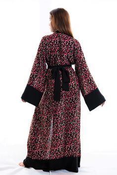 long kimono robe for tall women Chic Black V-neck Kimono, Black Summer Loungewear Robe, Black Open Front Robe For Loungewear, Black Printed Kimono With Kimono Sleeves, Chic Long Printed Kimono, Black Wrap Kimono For Spring, Beach Black Printed Kimono, Chic Pink Wrap Kimono, Black V-neck Kaftan For Loungewear