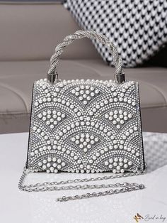 Bird in Bag - Glamorous Evening Clutch with Pearl and Rhinestone Embellishments Party Bedazzled Crystal Bags, Silver Embellished Crystal Bag, Silver Crystal Embellished Bags, Silver Beaded Crystal Bags, Silver Embellished Crystal Bags, Silver Crystal Beaded Bags, Pearl Clutch Bag, Beaded Clutch Bag, Pearl Clutch