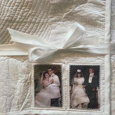 two pictures of the bride and groom on their wedding day, with a white ribbon tied around them