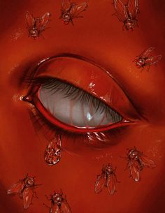 an eye with flies around it and water droplets on the iris's eyes, as well as red lipstick