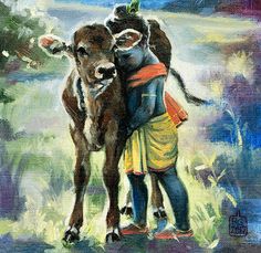 an oil painting of two people hugging a cow