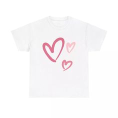 a white t - shirt with pink hearts on the chest and two smaller hearts in the middle