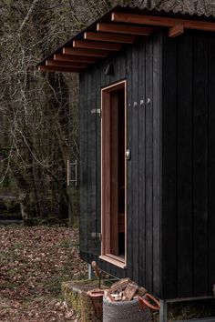 an outhouse in the woods with its door open