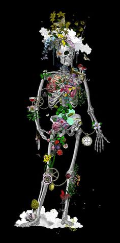 a drawing of a skeleton with flowers on it's body and hands in the air