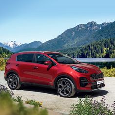 a red car parked in front of a mountain range with flowers and trees around it