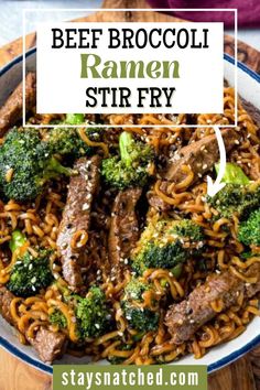 beef and broccoli ramen stir fry in a bowl with text overlay