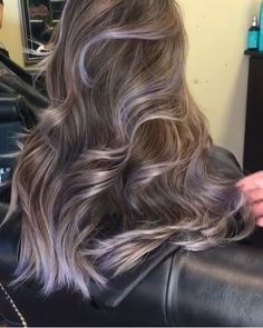 Light Purple Hair Highlights Brunettes, Purple Grey Highlights Brown Hair, Silver In Brown Hair, Light Lavender Highlights, Ash Brown With Purple Highlights, Light Brown Purple Balayage, Ash Purple Hair Highlights, Dusty Purple Highlights, Ash Brown Purple Balayage