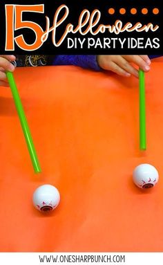 some golf balls and tees on an orange sheet with the words 15 halloween diy party ideas