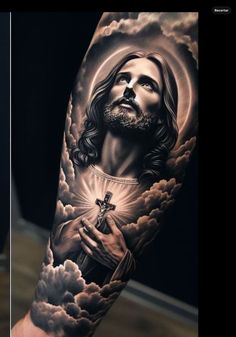 Catholic Sleeve Tattoo Men, Religous Tattoo Arm Sleeve, Religious Forearm Tattoo, Religious Tattoos Sleeve, Jesus Tattoo Men, Christian Tattoos For Men Sleeve, Jesus 3d Tattoo, Jesus Tattoo Design For Men, Christ Tattoos For Men