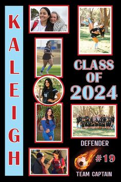 the class of 2024 poster is featured in red, white and blue with photos of students