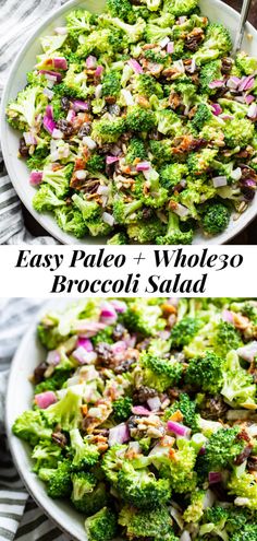 two pictures of broccoli salad with onions and other vegetables