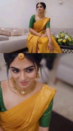 a woman sitting on top of a couch wearing a yellow sari and green blouse