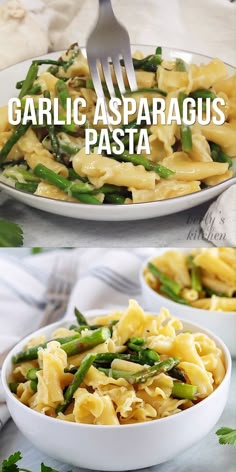 two plates with pasta and asparagus on them