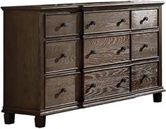 a wooden dresser with many drawers and knobs