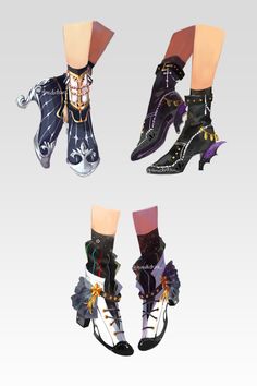 four pairs of shoes with different designs on the legs and ankles, all decorated in various colors