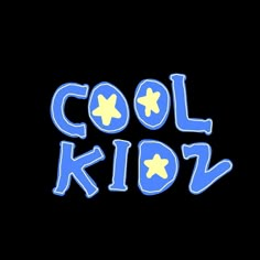 the word cool kidz written in blue and yellow on a black background with stars